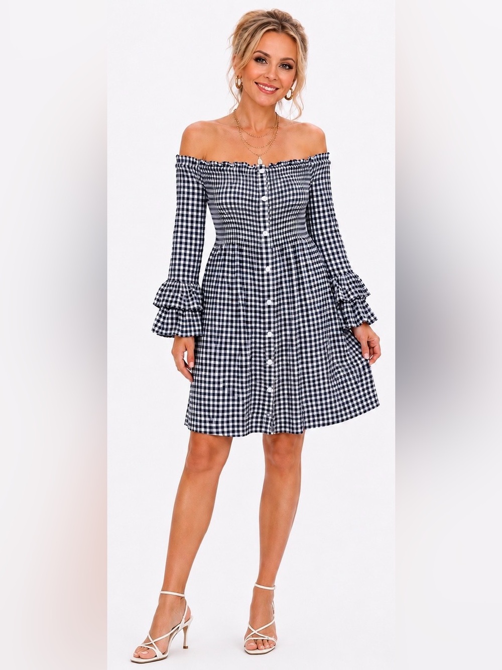 Blue Island Blue & White Gingham Off Shoulder Smocked Dress SIZE SMALL